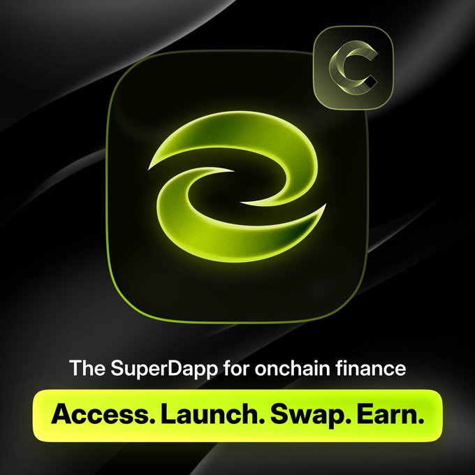 The image shows the eesee app icon with a glowing green "e" logo on a dark background, accompanied by the tagline "The SuperDapp for onchain finance" and the call-to-action "Access. Launch. Swap. Earn." This visual represents eesee's expansion beyond its launchpad origins to become a comprehensive onchain finance platform, aligning with the post's message about building a SuperDapp that brings Canton Network's institutional infrastructure to retail users.