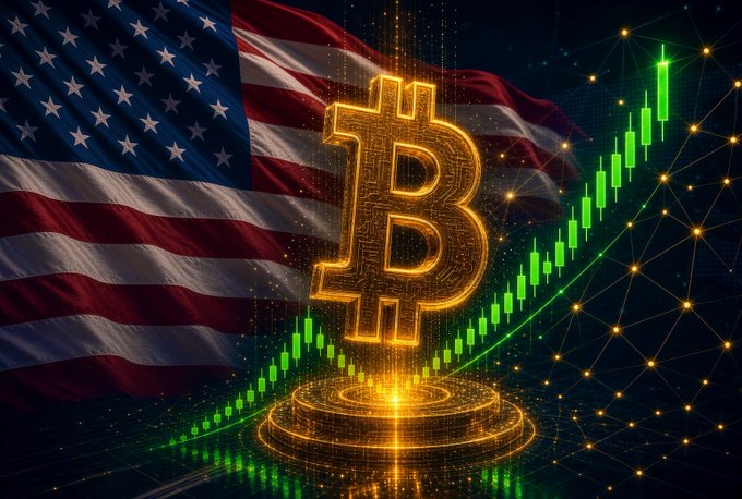 A digital illustration depicting a glowing golden Bitcoin symbol superimposed over the American flag, accompanied by a rising green candlestick chart and a glowing data pedestal against a dark, networked background.