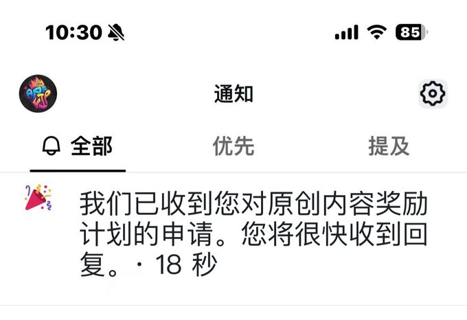 A screenshot of a Chinese-language Instagram notification from "通知" at 10:30 stating "我们已收到您对原创内容奖励计划的申请。您将很快收到回复。" ("We have received your application for the Original Content Rewards Program. You will receive a reply soon."), posted 18 seconds ago, aligning with the user's post about being surprised by receiving notice that their application for the original content rewards program was accepted.