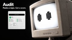 An advertisement for the AI tool 'Audit' displays the tagline 'Paste a repo. Get a score.' next to a retro TV screen showing two pixelated eyes.