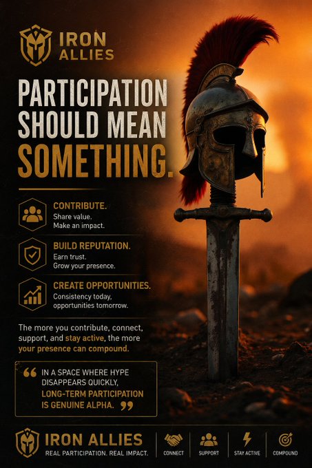 A promotional graphic for 'IRON ALLIES' displays the tagline 'PARTICIPATION SHOULD MEAN SOMETHING,' alongside a Roman-style helmet on a sword, listing benefits like 'Contribute,' 'Build Reputation,' and 'Create Opportunities.'