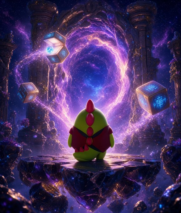 A whimsical fantasy illustration of a small green dinosaur-like creature in a red coat standing before a glowing purple cosmic portal framed by ancient ruins, with floating mystical cubes on either side.