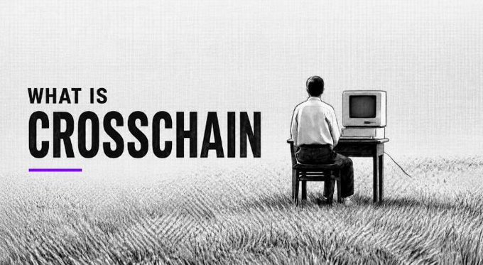 A man sits at a desk using a vintage computer in a field, beside text reading "WHAT IS CROSSCHAIN," illustrating the concept of exchanging tokens across different blockchains without manual bridging.