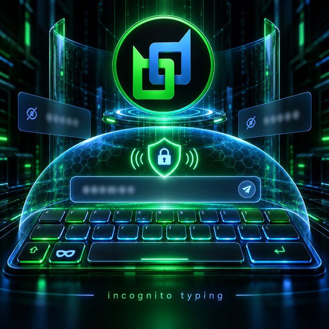 A digital illustration showing a glowing green and blue keyboard with a translucent dome over it, featuring a padlock icon and the text 'incognito typing' beneath it, with additional floating holographic panels in the background.