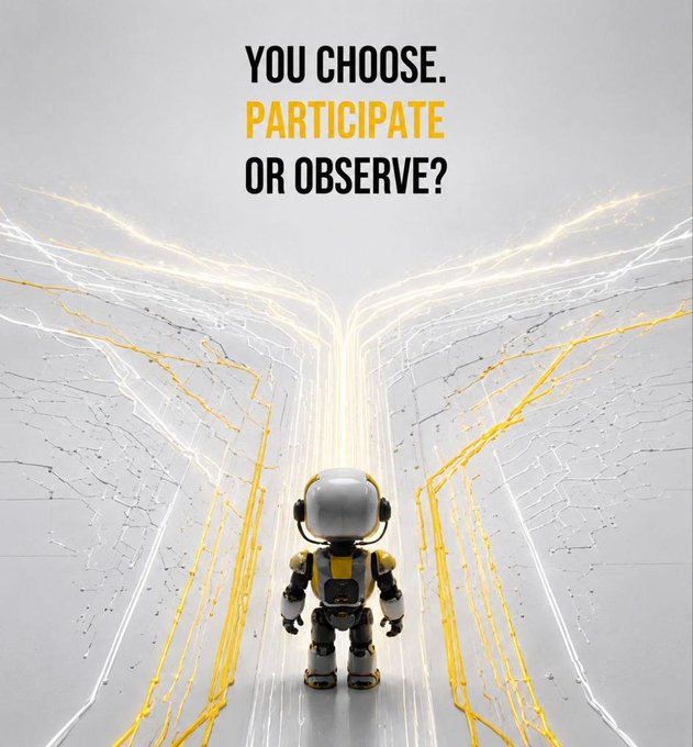 A motivational poster with text 'YOU CHOOSE. PARTICIPATE OR OBSERVE?' featuring a small robot/astronaut figure standing before wing-like wings composed of golden and white circuitry lines.