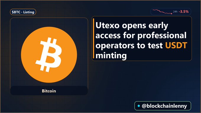 A dark crypto-news graphic shows a large orange Bitcoin symbol labeled “Bitcoin” and the headline “Utexo opens early access for professional operators to test USDT minting.” The handle “@blockchainlenny” appears at the bottom right.