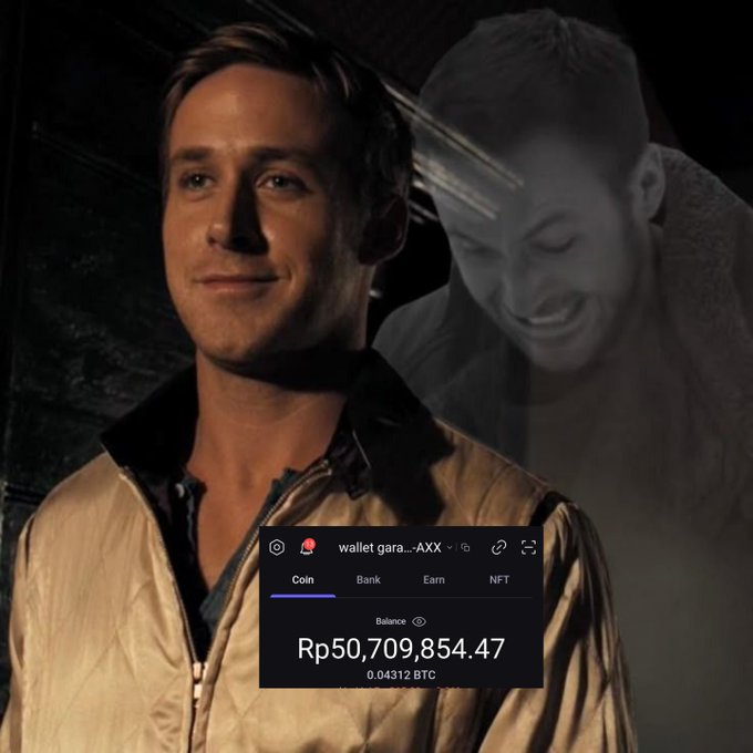 An image of Ryan Gosling as Blade Runner with a ghostly laughing figure behind him, overlaid with a crypto wallet showing a balance of Rp50,709,854.47 (0.04312 BTC).