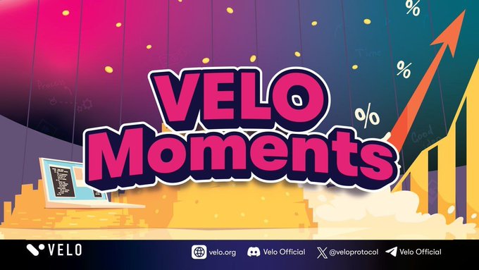 A colorful promotional graphic for 'VELO Moments' with a pink and purple gradient background, featuring percentage symbols, an upward orange arrow, stacks of gold coins, and a laptop, with Velo branding and social media handles at the bottom (velo.org, Velo Official, @veloprotocol, Velo Official).