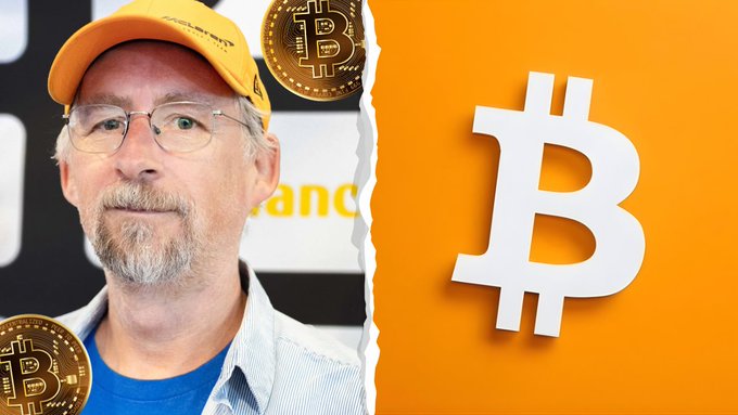 The image features an advertisement that includes two photos of a man wearing glasses, with the background color being orange and white. In the top photo, there's a close-up picture of a man wearing a yellow cap, which appears to be related to bitcoin. The second photo is of another person wearing glasses, and it also has a connection to bitcoin, as well as an image of multiple coins scattered around the bottom of the photograph. The advertisement's purpose is to promote Bitcoin by connecting it with various aspects commonly associated with the idea of investing or reducing debt.