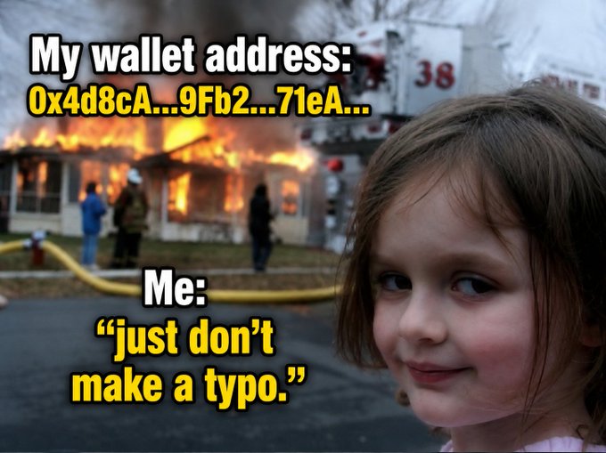 A 'Disaster Girl' meme shows a young girl smiling in front of a burning house, captioned: 'My wallet address: 0x4d8cA...9Fb2...71eA... Me: "just don't make a typo."'