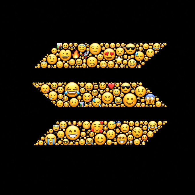 Three horizontal bands made of hundreds of colorful emojis—including smiling faces, hearts, rockets, fire, and party poppers—are arranged on a black background to spell out the word "SOL" in blocky letterforms. The design creatively illustrates the "favorite Solana project in emojis" theme by using a mosaic of popular emojis to literally spell out the SOL ticker, a nod to Solana's native cryptocurrency.