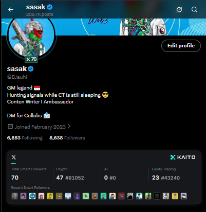 A Twitter/X profile screenshot for user 'sasak' (@el7ashi), bio reads 'GM legend 🇱🇧 Hunting signals while CT is still sleeping 😴 Content Writer | Ambassador DM for Collabs 📩' with 8,653 Following and 8,638 Followers, showing KAITO analytics below.