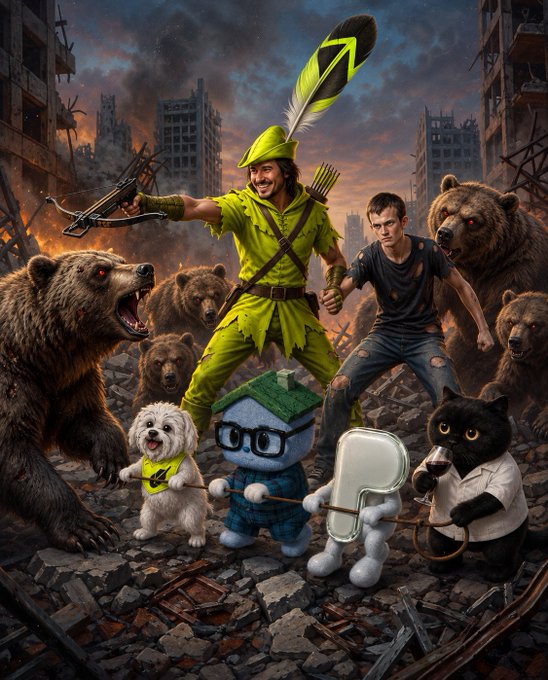 A chaotic digital artwork depicting a Robin Hood-like archer, a man with a gun, multiple angry bears, a small white dog, a blue house-shaped character, a white pill-shaped character, and a black cat, all in a destroyed cityscape with a Reddit logo arrow.