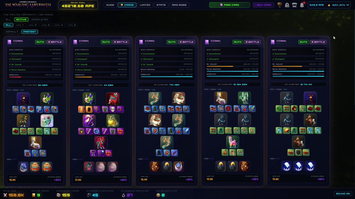 The image displays five chests, each containing a different set of cards, spread out against a dark background that highlights their colors. The text "OM. Opening 3x Eternal Card Chests live on @OtherEggGenesis OtherPets Journeys." is visible in the surrounding area, which might be a part of the explanation or description for the contents of these chests. The image captures an element of mystery and intrigue related to a video game or strategy involving these chests and their cards.