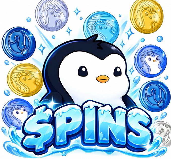 A game logo featuring a cartoon penguin surrounded by gold, silver, and blue coins, with the word 'SPINS' in icy blue letters.