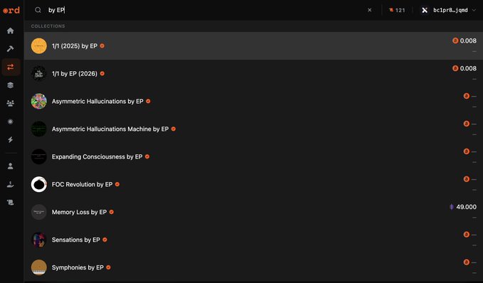 A screenshot of an NFT platform interface showing a search for 'EP' with various collections listed including '1/1 (2025) by EP', 'Asymmetric Hallucinations by EP', and others with their respective floor prices.