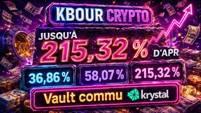 A vibrant promotional graphic advertising 'KBOUR CRYPTO' with up to 215.32% APR, displaying tiered rates of 36.86%, 58.07%, and 215.32%, featuring the Krystal 'Vault commu' logo amid neon lighting and floating coins.