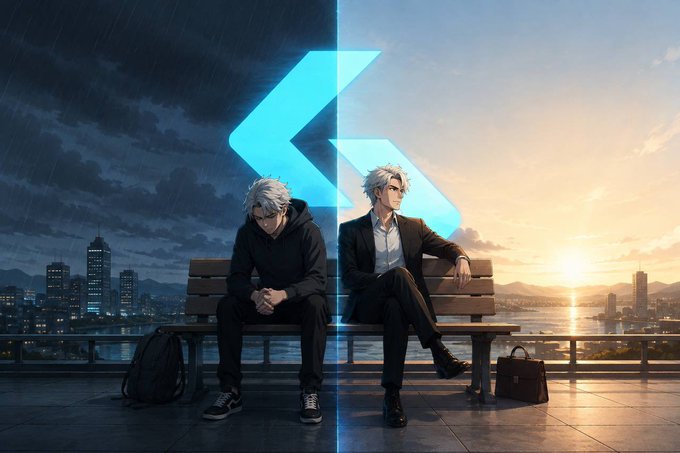 An anime-style digital artwork depicts two men with white hair sitting on a bench, split between a rainy nighttime city and a sunny daytime seascape with a blue Flutter logo.