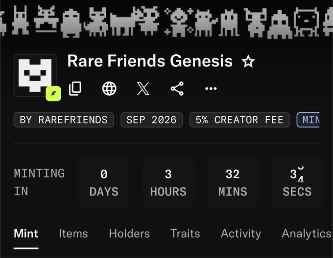The image shows a "Rare Friends Genesis" NFT mint page with a skull icon, created by RAREFRIENDS, set to launch in September 2026 with a 5% creator fee and a countdown timer showing 0 days, 3 hours, 32 minutes, and 34 seconds remaining until minting begins. This relates to the post by suggesting the user believes the community has whitelist (WL) access to this upcoming Rare Friends Genesis NFT collection mint.