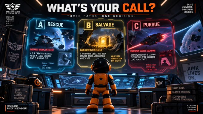 A space-themed game interface titled 'WHAT'S YOUR CALL? - THREE PATHS. ONE DECISION' showing options A (RESCUE), B (SALVAGE), and C (PURSUE) for a salvage game federation scenario.