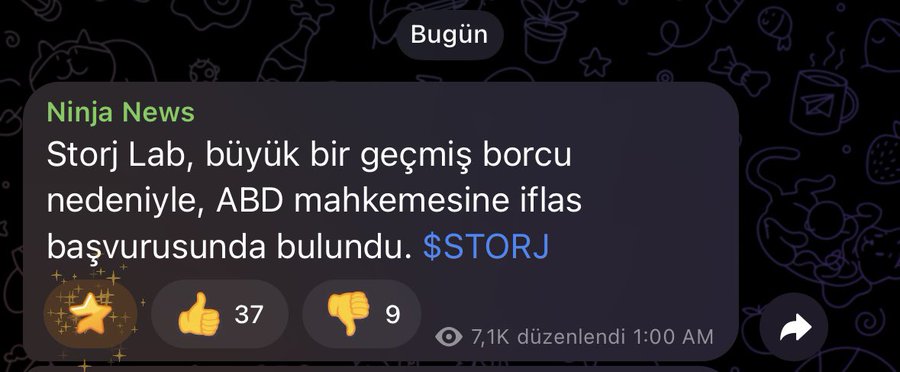 A Telegram post from "Ninja News" with 37 likes and 9 dislikes, timestamped 1:00 AM and viewed 7.1K times, reports in Turkish that Storj Lab filed for bankruptcy in a U.S. court due to significant debt, referencing the $STORJ ticker shown in blue—supporting the accompanying context about Storj Labs' Chapter 11 filing and its ~20% price drop.