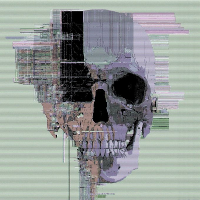 A glitch art rendering of a human skull with distorted, fragmented pixel effects in muted purple, pink, and black tones against a pale green background.
