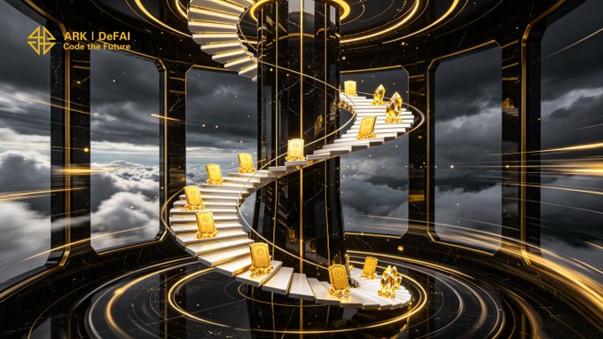 A luxurious, futuristic spiral staircase with golden accents ascends through a cloud-filled sky, featuring the "ARK | DeFAI Code the Future" logo in the top left corner. The image visually echoes the post's message of steady, upward progress and climbing toward growth, symbolizing how Arkie AI helps users ascend step by step from ideas to execution.