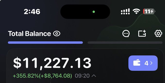 A mobile app screen showing a 'Total Balance' of $11,227.13 with a gain of +355.82% (+$8,764.08) and a withdrawal button showing 4 items, with the time 2:46 and 11% battery visible.