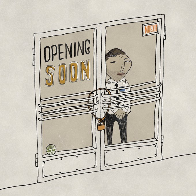 A weary-looking security guard stands inside a storefront with "OPENING SOON" displayed on the window and "NO EXIT" posted in the corner, his midsection wrapped in layers of white straps with a padlock securing him in place. The image's "another interesting thing" hints at an intriguing situation—possibly alluding to a market opportunity or hidden asset, with the guard's restrained state suggesting something valuable (like a "NAIVE" collectible) is locked away and only accessible through secondary markets.