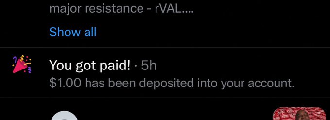 A mobile notification from "You got paid!" shows that $1.00 has been deposited into the account, humorously celebrating the small windfall being sent straight into Bitcoin ($BTC) with the optimistic "We are so back" sentiment.