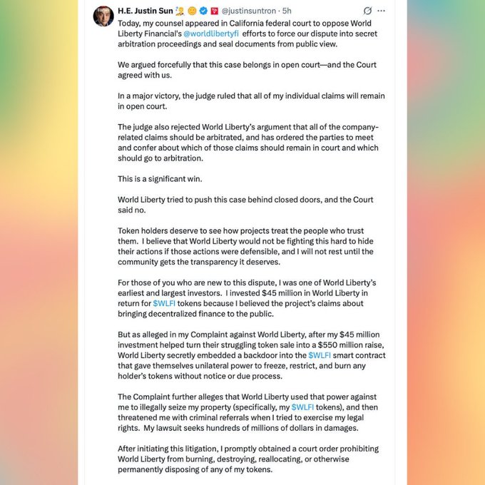 A tweet from H.E. Justin Sun (@justinsuntron) discussing his legal victory in California federal court against World Liberty Financial, where the judge ruled his individual claims will remain in open court.
