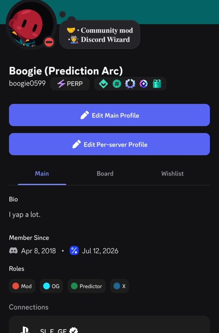 A Discord profile page for user 'Boogie (Prediction Arc)' with the username 'boogie0599' showing roles including Mod, OG, Predictor, and X, with the bio stating 'I yap a lot.'