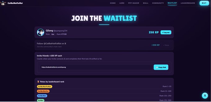 A dark-themed 'JOIN THE WAITLIST' webpage for 'CatBottleRefillRat' showing XP rankings, with QSang at Rank 1 with 250 XP and a Copy link to Discord.