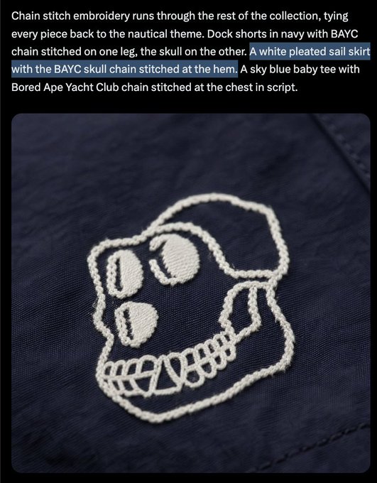 Navy fabric featuring white chain-stitched embroidery of a skull design, part of a Bored Ape Yacht Club (BAYC) collection with nautical-themed detailing referencing the women's apparel line mentioned in the post.