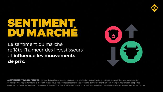 A dark-themed Binance educational slide titled 'SENTIMENT DU MARCHÉ' explaining that market sentiment reflects investor mood and influences price movements, featuring bear and bull icons.