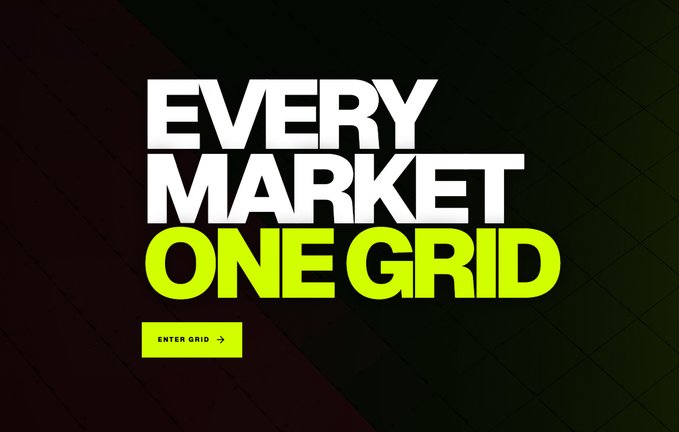 The image displays bold marketing text reading "EVERY MARKET ON ONE GRID" in white and neon green lettering against a dark green geometric background, with a neon green "ENTER GRID →" button below. This promotional graphic aligns with the post's bullish endorsement of @grid_arena, visually reinforcing the platform's tagline and call-to-action to engage with $GRID.