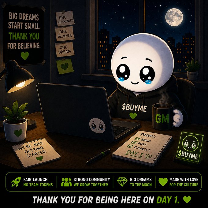 A promotional graphic for a crypto/token project featuring a crying cartoon moon character wearing a '$BUYME' hoodie at a laptop, with text like 'BIG DREAMS START SMALL,' 'DAY 1,' and badges reading 'FAIR LAUNCH,' 'STRONG COMMUNITY,' 'BIG DREAMS,' and 'MADE WITH LOVE.'