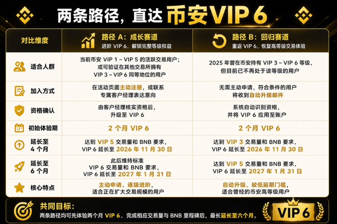 The image displays a comparison chart titled "两条路径，直达币安VIP 6" (Two Paths, Directly to Binance VIP 6), detailing two routes for reaching VIP 6 status: "路径 A: 成长赛道" (Path A: Growth Track) for active traders via registration, and "路径 B: 回归赛道" (Path B: Return Track) for lapsed VIP 3-6 users who automatically qualify. Both paths offer an initial 2-month VIP 6 trial, extendable up to 6 months based on trading volume and BNB holdings.