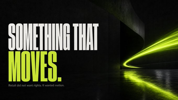 A bold graphic design with large white and green text reading 'SOMETHING THAT MOVES.' and smaller text 'Retail did not want rights. It wanted motion.' against a dark background with a glowing green light streak.