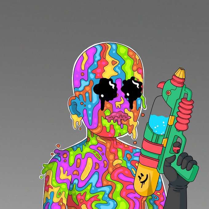 A psychedelic, dripping rainbow-colored humanoid figure with hollow black eyes holds a green and pink water gun against a gray background, pairing the cheerful "gm" (good morning) greeting with a vibrant, surreal aesthetic.
