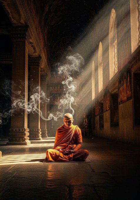 A digitally created scene depicts a monk in an orange robe meditating on a mat inside a grand, dimly lit temple. Rays of sunlight stream through arched windows as ethereal smoke swirls around him.