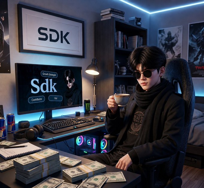A stylized 3D animated character wearing sunglasses and black clothing sits in a gaming setup holding a coffee cup, with a monitor displaying 'Sdk' and 'Growth Strategies' alongside stacks of cash on the desk.