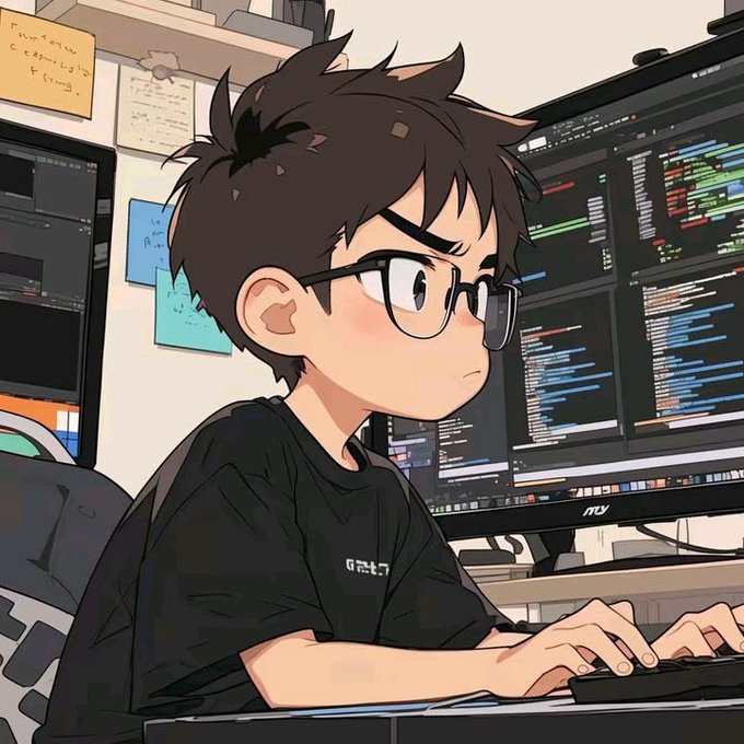 An anime-style illustration of a young man with glasses and messy black hair typing at a keyboard in front of multiple code-filled monitors.
