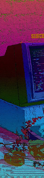 A highly stylized, distorted, and colorfully tinted image shows a vintage computer monitor with text including 'SINCE 1973' and 'NOT WORKING' on the screen, with surreal, textured elements below.