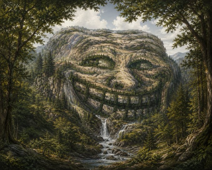 A surreal landscape featuring a large rock formation shaped like a human face, surrounded by trees, mountains, and a small waterfall flowing into a stream.