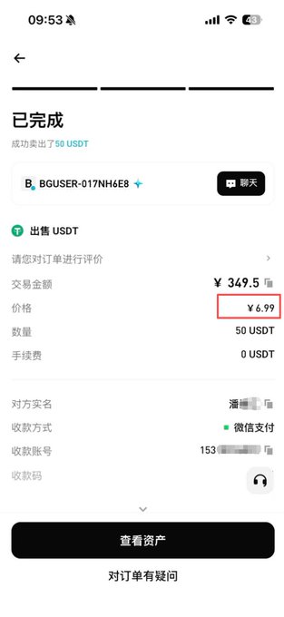 A mobile app screenshot in Chinese showing a completed USDT sale transaction for 50 USDT at a price of ¥6.99, totaling ¥349.5, with WeChat Pay as the payment method.