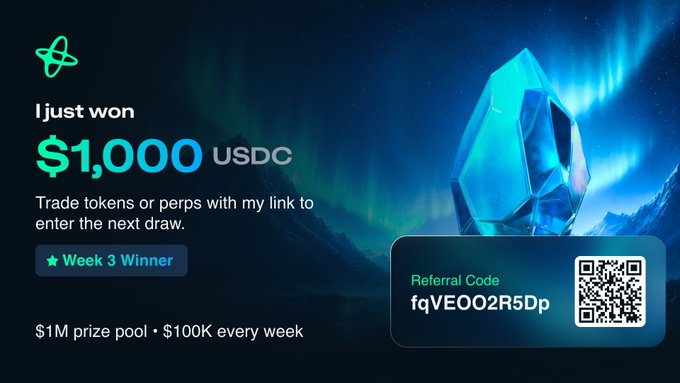 Referral/rewards banner showing 'I just won $1,000 USDC' with a glowing blue crystal and aurora background, labeled 'Week 3 Winner,' advertising a $1M prize pool ($100K weekly), with referral code 'fqVEOO2R5Dp' and a QR code.