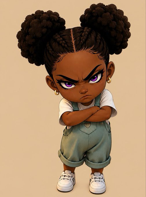 A cartoon-style digital illustration of a grumpy young Black girl with two large afro puffs, crossed arms, golden hoop earrings, a white t-shirt, sage green overalls, and white sneakers.
