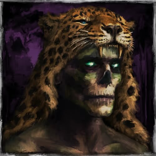 A stylized digital painting of a leopard wearing a tribal mask with glowing green eyes against a dark purple background.