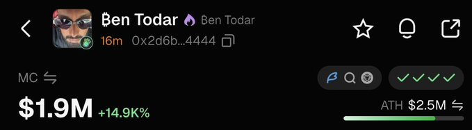 The image displays a crypto wallet portfolio page showing a user named "Ben Todar" holding "MC" with a value of $1.9M, up +14.9K%, and an all-time high of $2.5M, paired with a post about "Let's start onboarding"—suggesting the portfolio's massive gains are being used to promote onboarding new users.